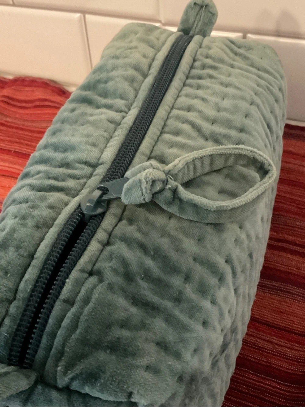 Pottery Barn Plush Quilted Cosmetic Toiletry Bag in Sage Green